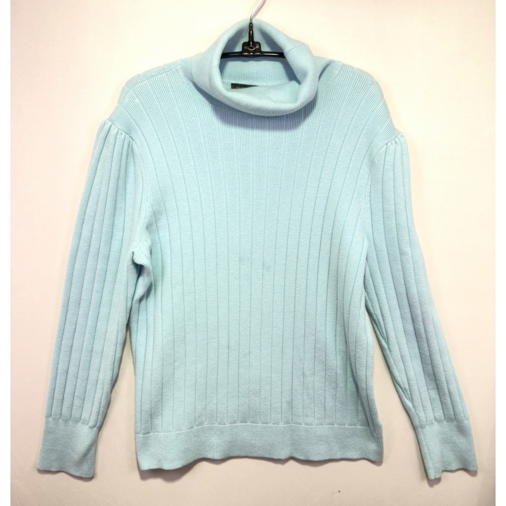 Talbots‎ Puff Sleeve Ribbed Turtleneck Sweater Women XL Robin Blue Cotton Blend